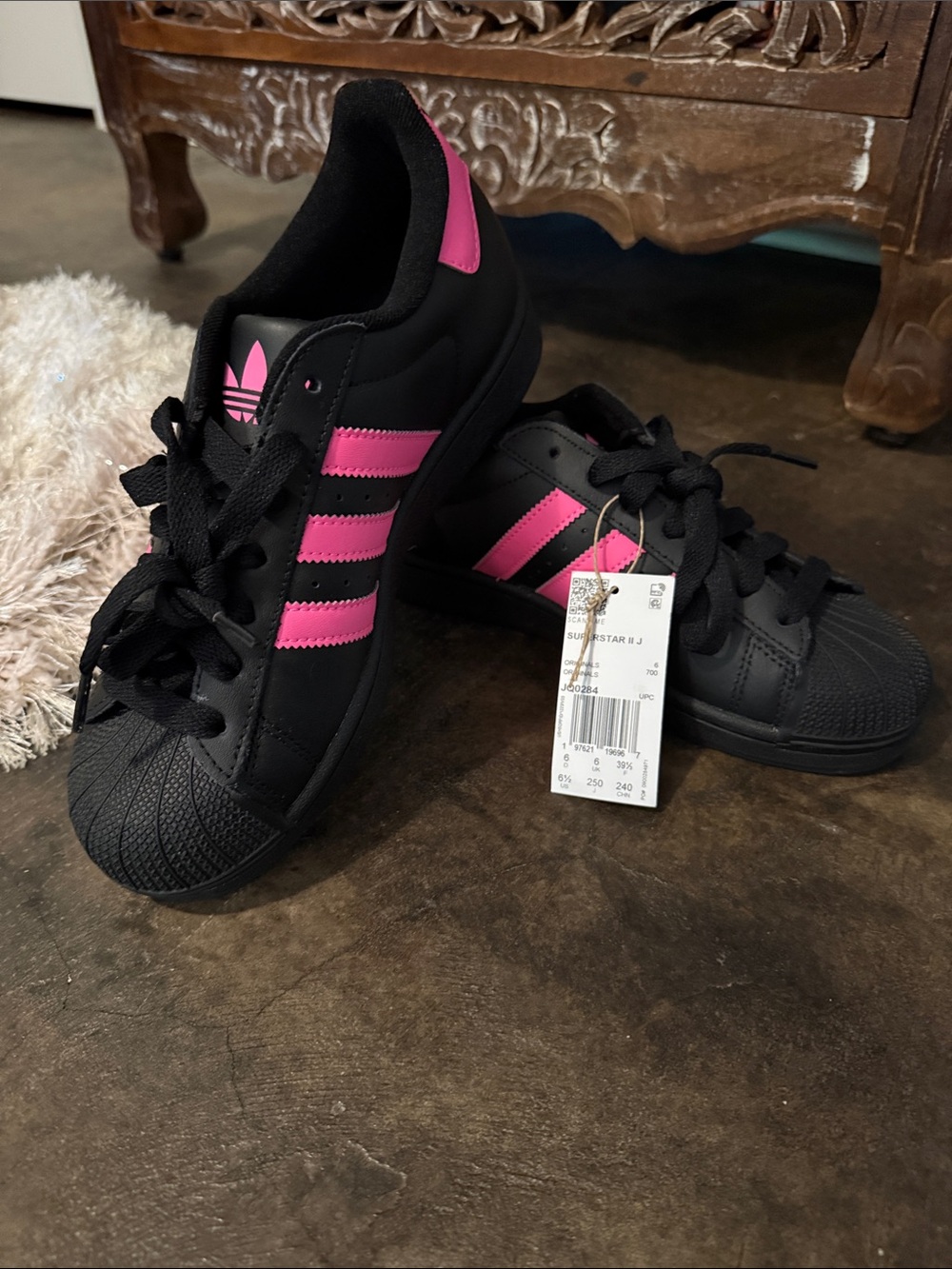 adidas Kids Black Sneakers with Pink Stripes